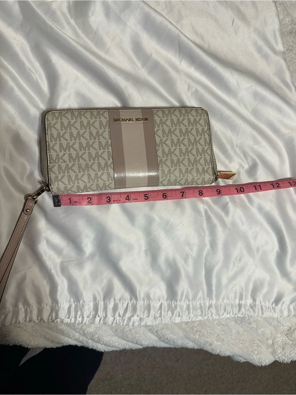 Michael Kors Beige and Light Pink Signature Zip Wallet Wristlet